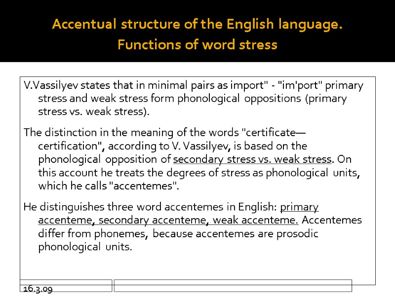 16.3.09 Accentual structure of the English language.  Functions of word stress V.Vassilyev states